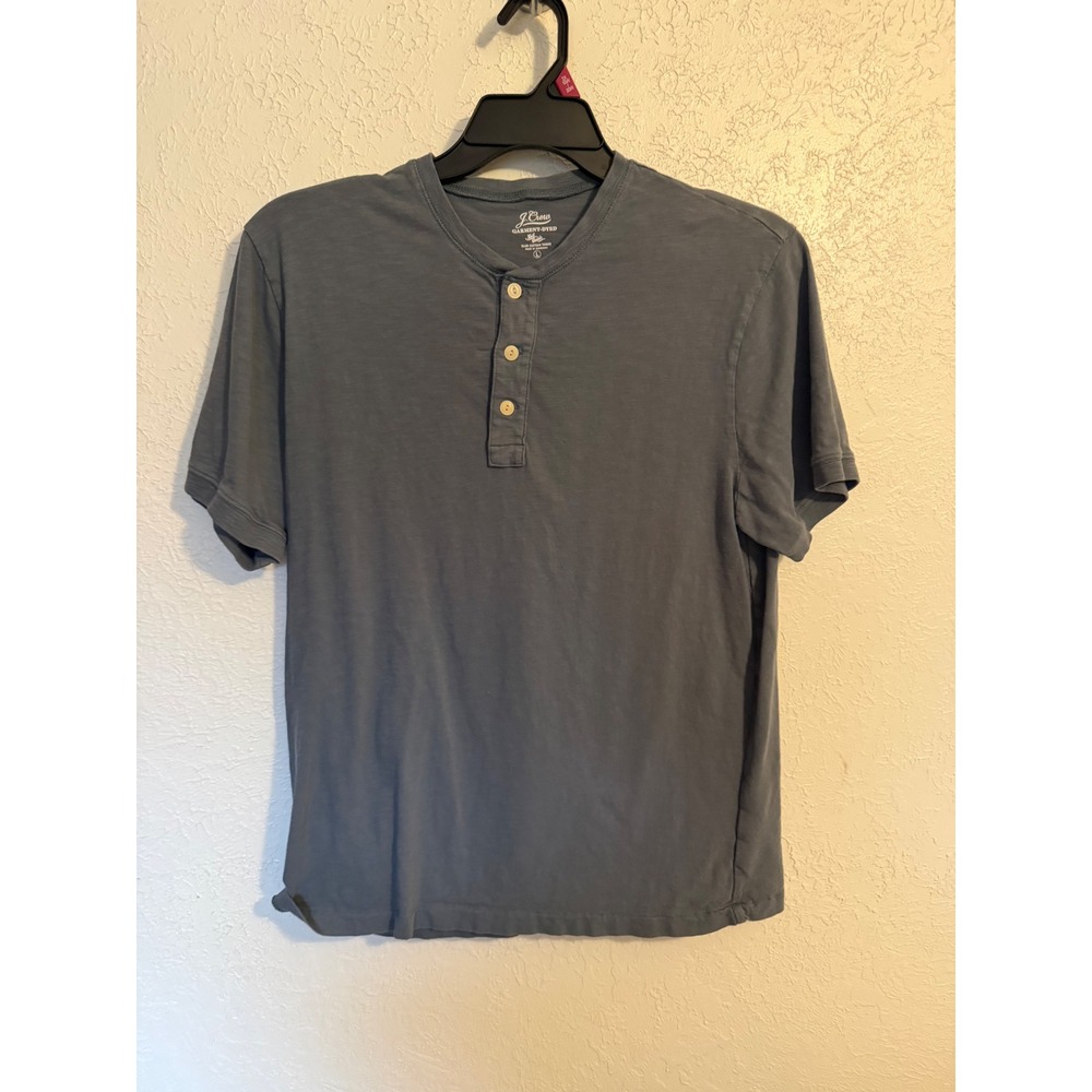 J.Crew Mens Garment-Dyed Slub Cotton Henley Shirt Blue Gray Large Short Sleeve